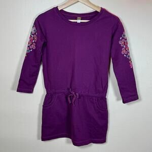 Tea Girls Purple 100% Cotton Long Sleeve Floral Embroidered Short Dress Size 10